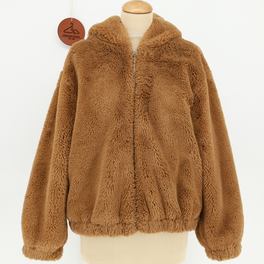 French Connection Womens Faux Fur Hooded Zip Jacket Camel Brown Size 10
